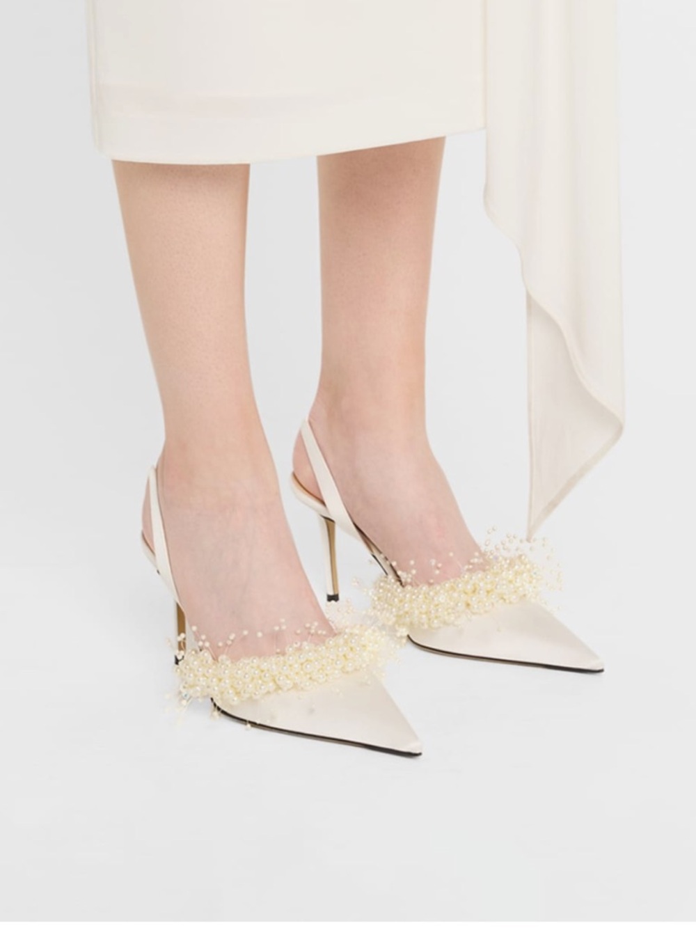 Mach & Mach White Satin Slingback Pumps with Pearly Embellishment